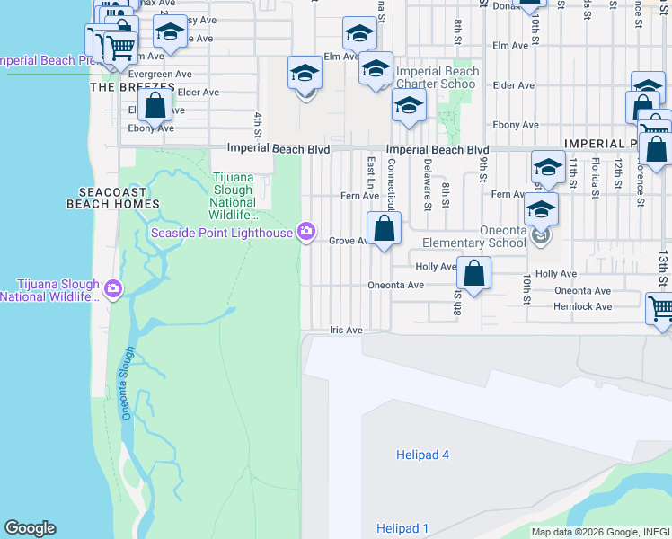 map of restaurants, bars, coffee shops, grocery stores, and more near 1401 California Street in Imperial Beach