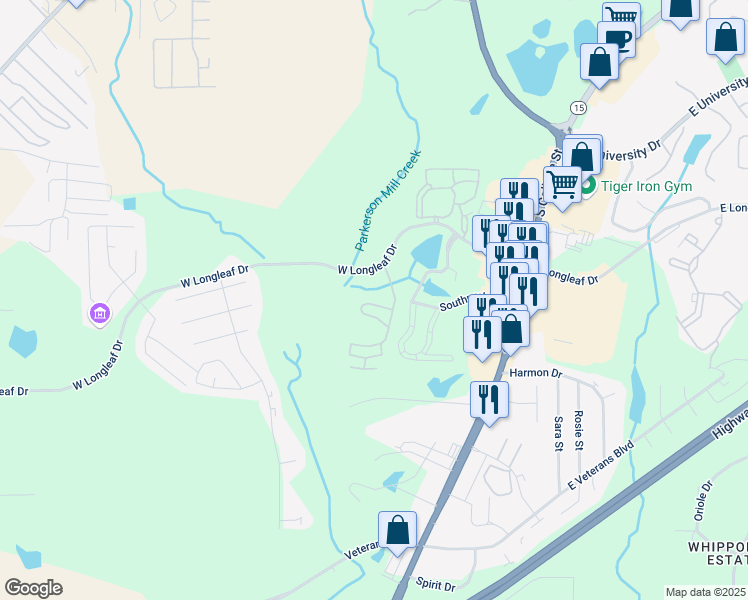 map of restaurants, bars, coffee shops, grocery stores, and more near 447 West Longleaf Drive in Auburn