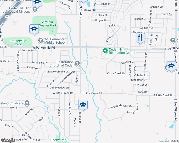 map of restaurants, bars, coffee shops, grocery stores, and more near 1006 South Clark Road in Cedar Hill