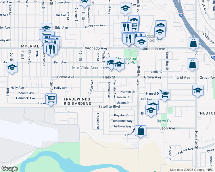 map of restaurants, bars, coffee shops, grocery stores, and more near 1340 Thermal Avenue in San Diego