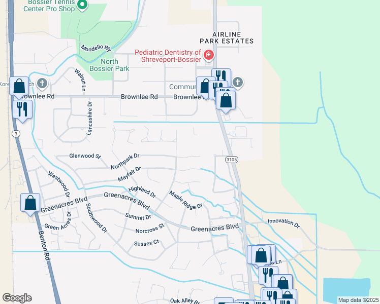 map of restaurants, bars, coffee shops, grocery stores, and more near 575 Northpark Court in Bossier City