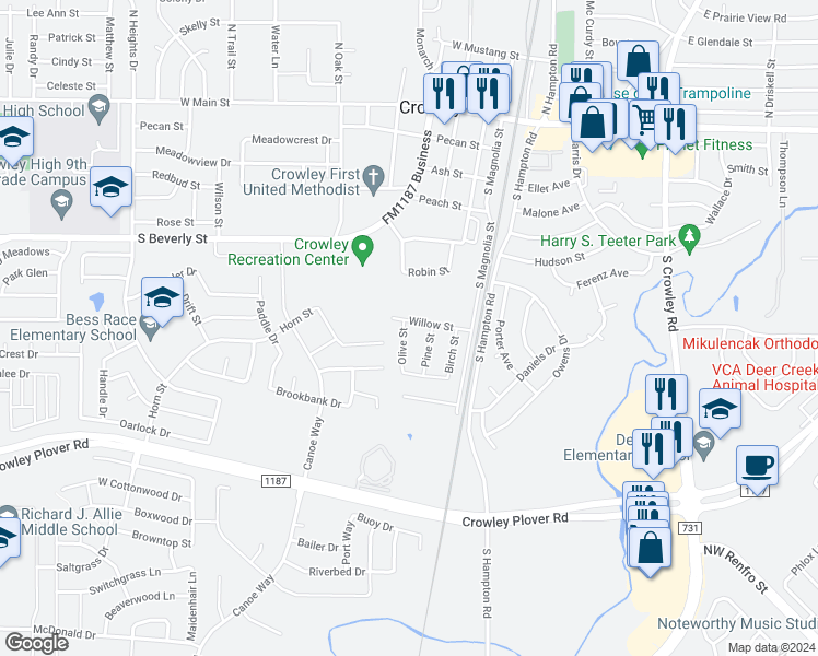 map of restaurants, bars, coffee shops, grocery stores, and more near 313 Willow Street in Crowley