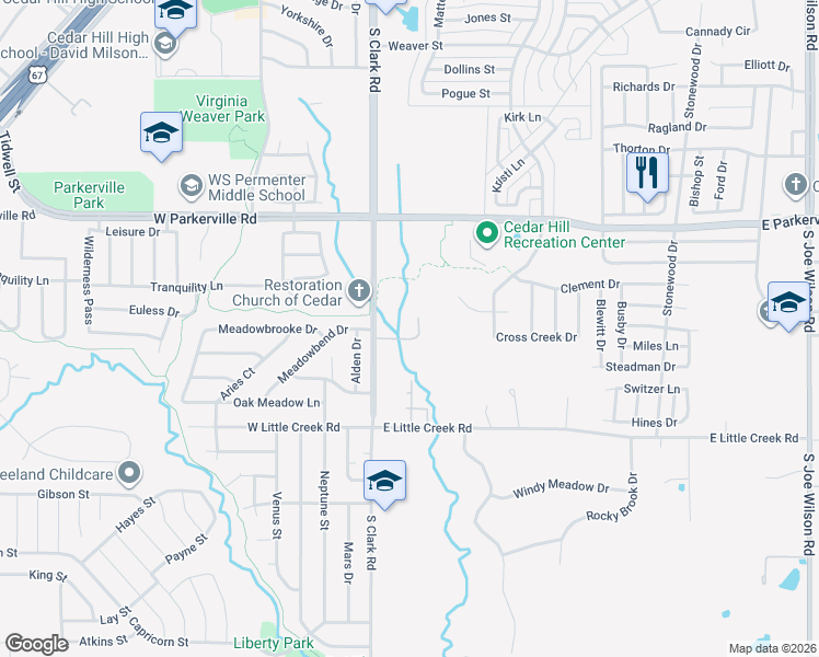 map of restaurants, bars, coffee shops, grocery stores, and more near 1006 South Clark Road in Cedar Hill