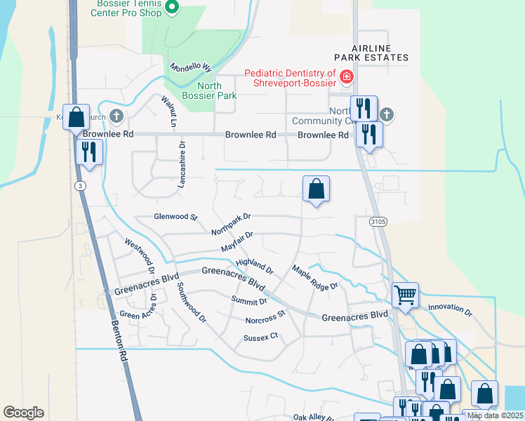 map of restaurants, bars, coffee shops, grocery stores, and more near 518 Wedgewood Drive in Bossier City