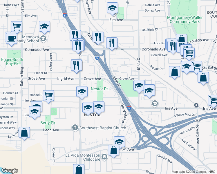map of restaurants, bars, coffee shops, grocery stores, and more near 1304 Oro Vista Road in San Diego