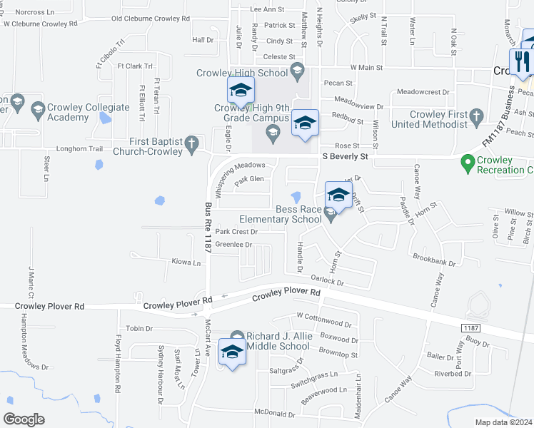 map of restaurants, bars, coffee shops, grocery stores, and more near 1313 Meadowbrook Lane in Crowley