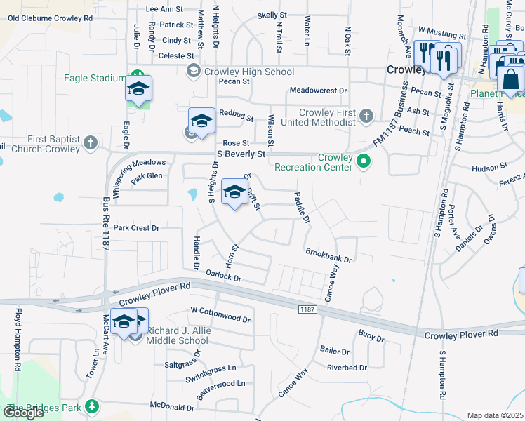map of restaurants, bars, coffee shops, grocery stores, and more near 548 Anchor Way in Crowley