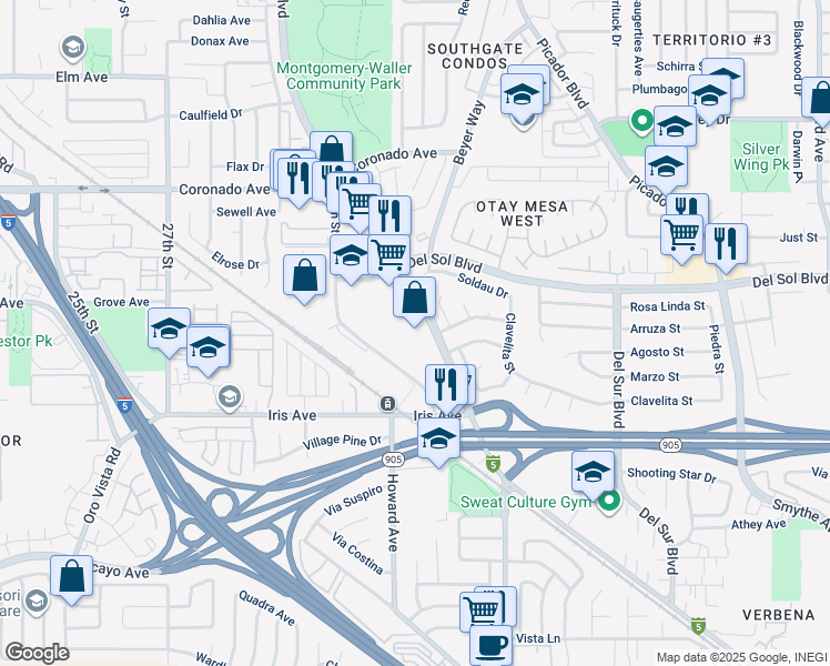 map of restaurants, bars, coffee shops, grocery stores, and more near 3065 Beyer Boulevard in San Diego