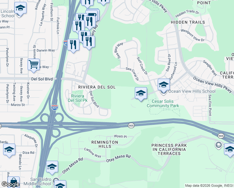 map of restaurants, bars, coffee shops, grocery stores, and more near Siempre Viva Road in San Diego