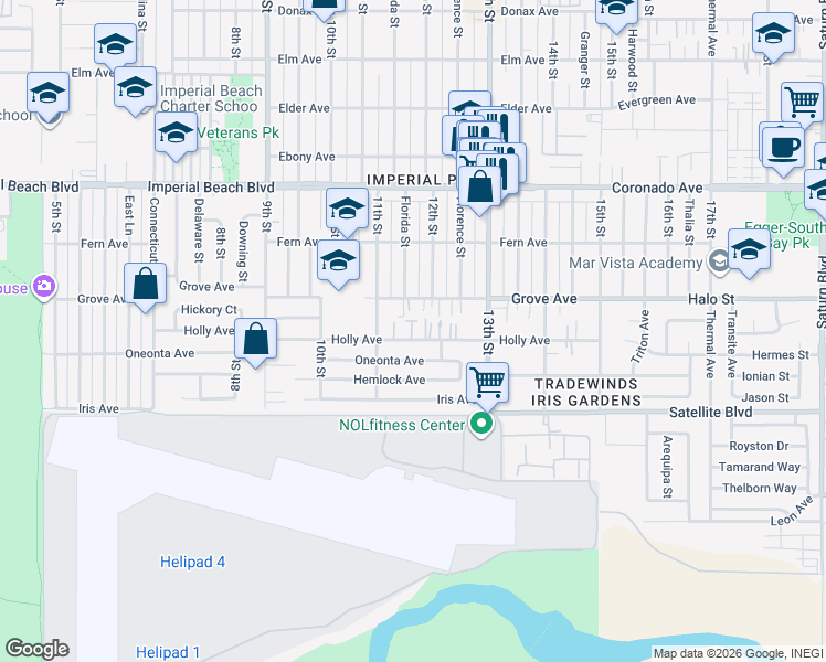 map of restaurants, bars, coffee shops, grocery stores, and more near 1191 Grove Avenue in Imperial Beach