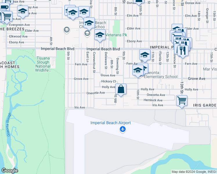 map of restaurants, bars, coffee shops, grocery stores, and more near 740 Hickory Court in Imperial Beach