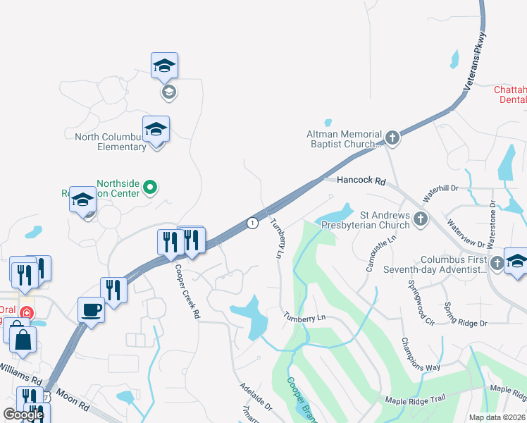 map of restaurants, bars, coffee shops, grocery stores, and more near 8520 Galena Rd in Fortson