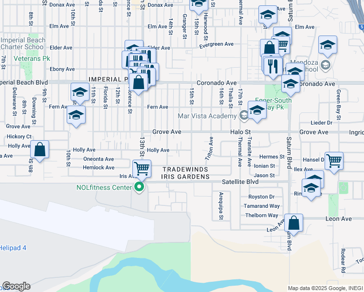 map of restaurants, bars, coffee shops, grocery stores, and more near 1450 Holly Avenue in Imperial Beach
