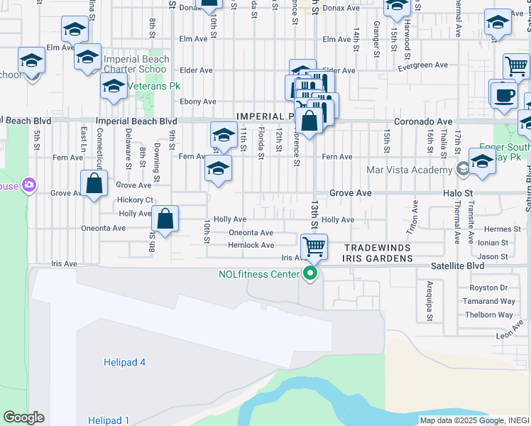 map of restaurants, bars, coffee shops, grocery stores, and more near 1191 Grove Avenue in Imperial Beach