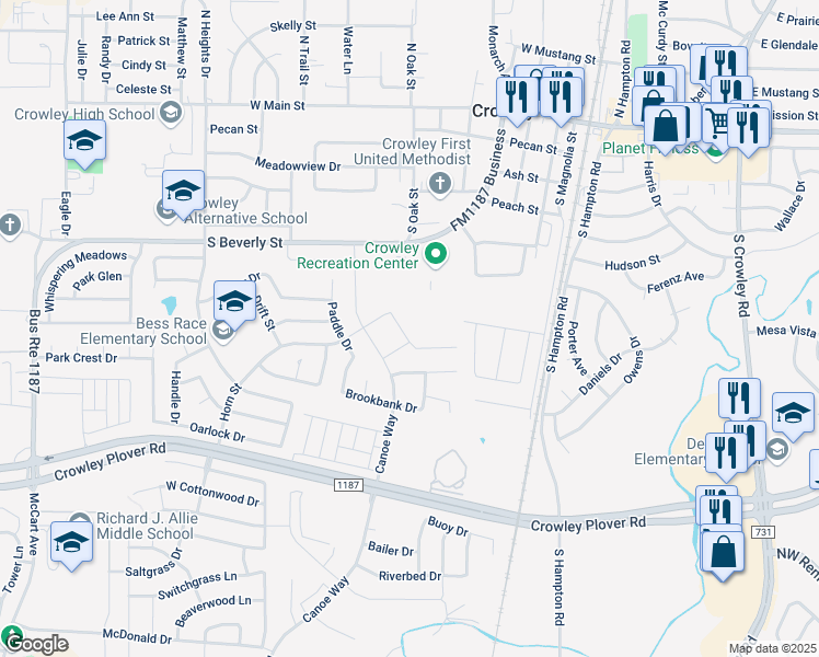 map of restaurants, bars, coffee shops, grocery stores, and more near 521 Scuttle Drive in Crowley