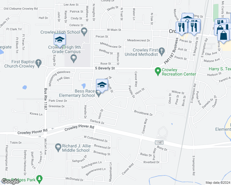 map of restaurants, bars, coffee shops, grocery stores, and more near 544 Anchor Way in Crowley