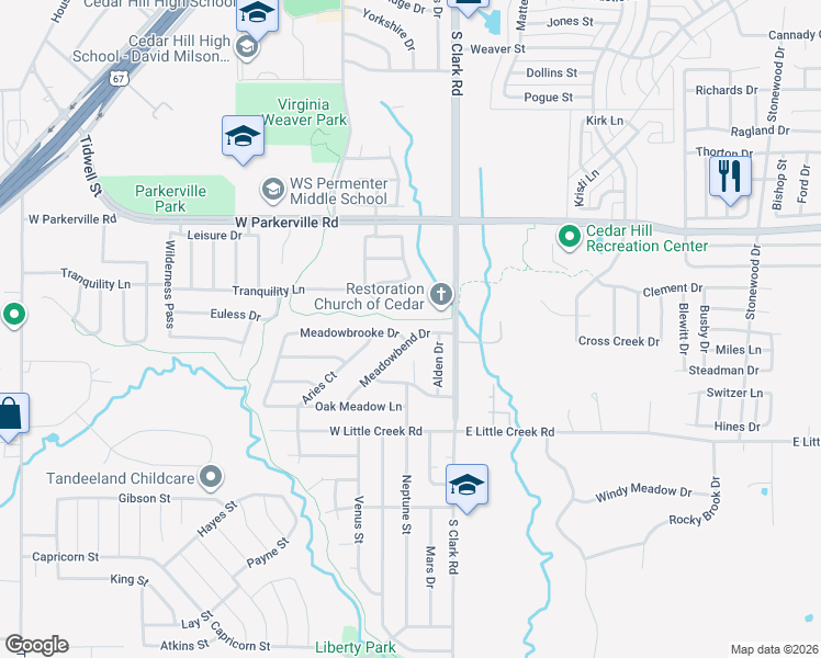 map of restaurants, bars, coffee shops, grocery stores, and more near 800 South Clark Road in Cedar Hill