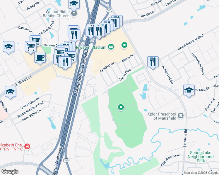 map of restaurants, bars, coffee shops, grocery stores, and more near 703 Boone Trail in Mansfield