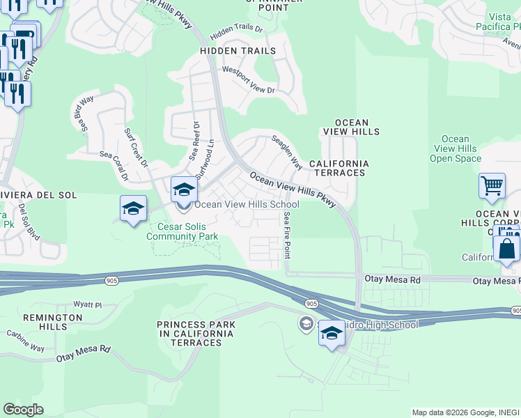 map of restaurants, bars, coffee shops, grocery stores, and more near 5232 Beachfront Cove in San Diego
