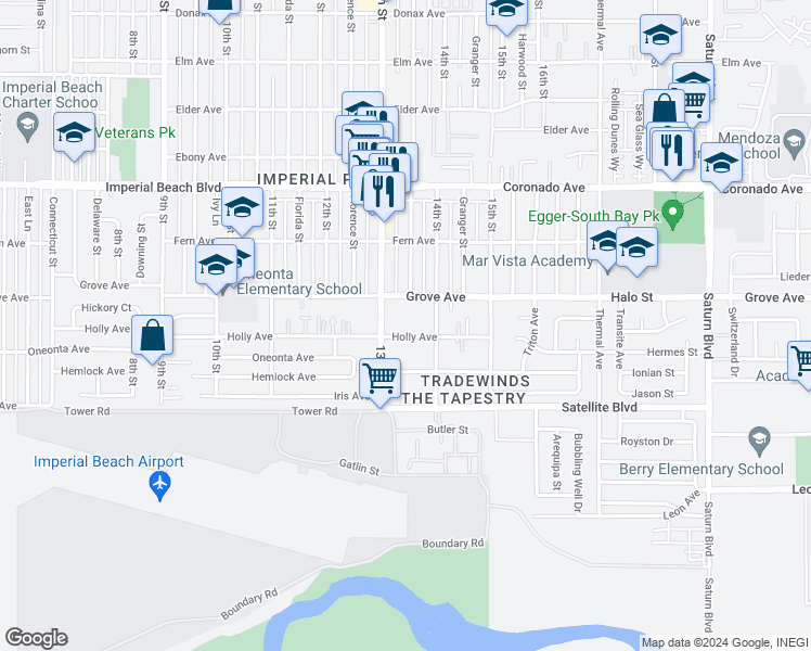 map of restaurants, bars, coffee shops, grocery stores, and more near 1340 Holly Avenue in Imperial Beach