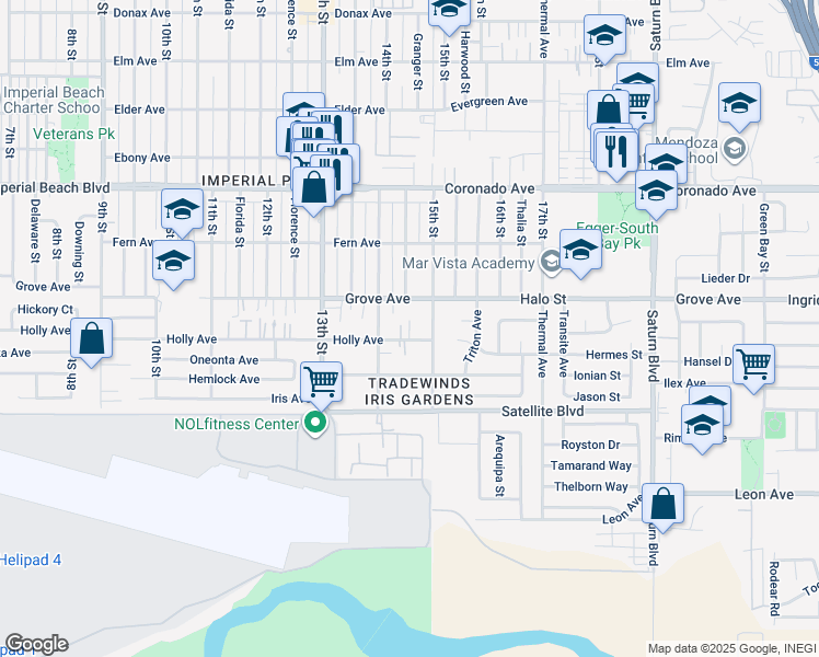 map of restaurants, bars, coffee shops, grocery stores, and more near 1450 Holly Avenue in Imperial Beach