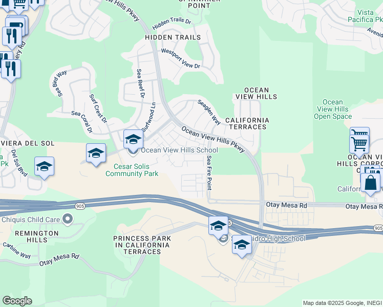 map of restaurants, bars, coffee shops, grocery stores, and more near 5502 Sandcliff Lane in San Diego