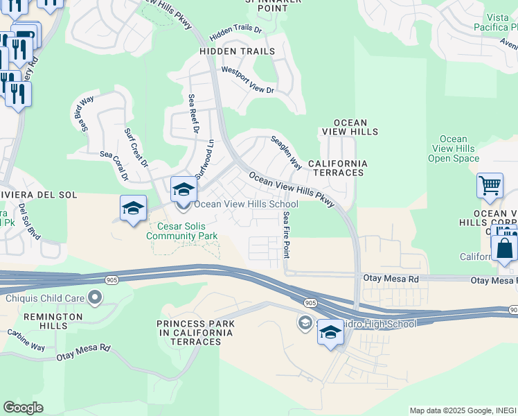 map of restaurants, bars, coffee shops, grocery stores, and more near 5200 Beachside Lane in San Diego
