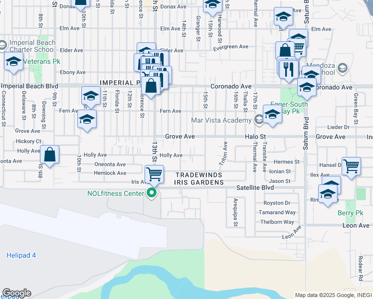 map of restaurants, bars, coffee shops, grocery stores, and more near 1312 14th Street in Imperial Beach