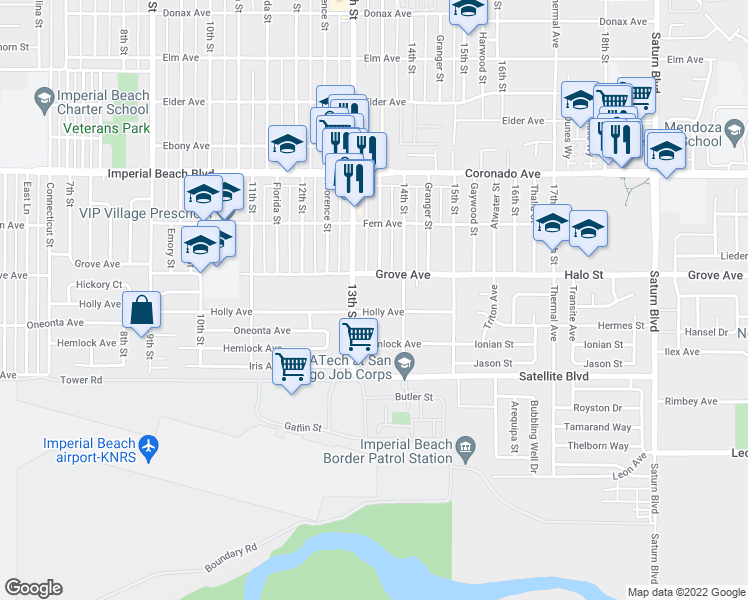 map of restaurants, bars, coffee shops, grocery stores, and more near 1343 Grove Avenue in Imperial Beach