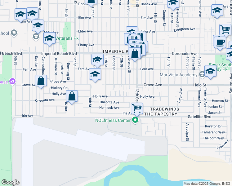 map of restaurants, bars, coffee shops, grocery stores, and more near 1191 Grove Avenue in Imperial Beach