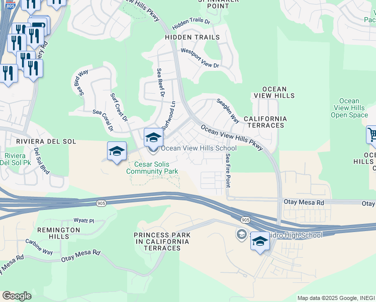 map of restaurants, bars, coffee shops, grocery stores, and more near 5211 Calle Rockfish in San Diego