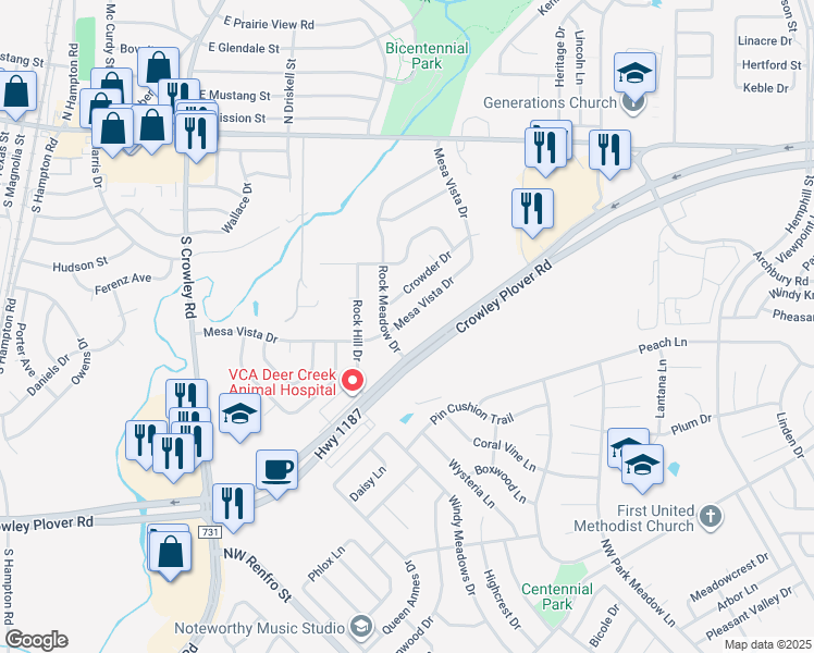 map of restaurants, bars, coffee shops, grocery stores, and more near 912 Mesa Vista Drive in Crowley
