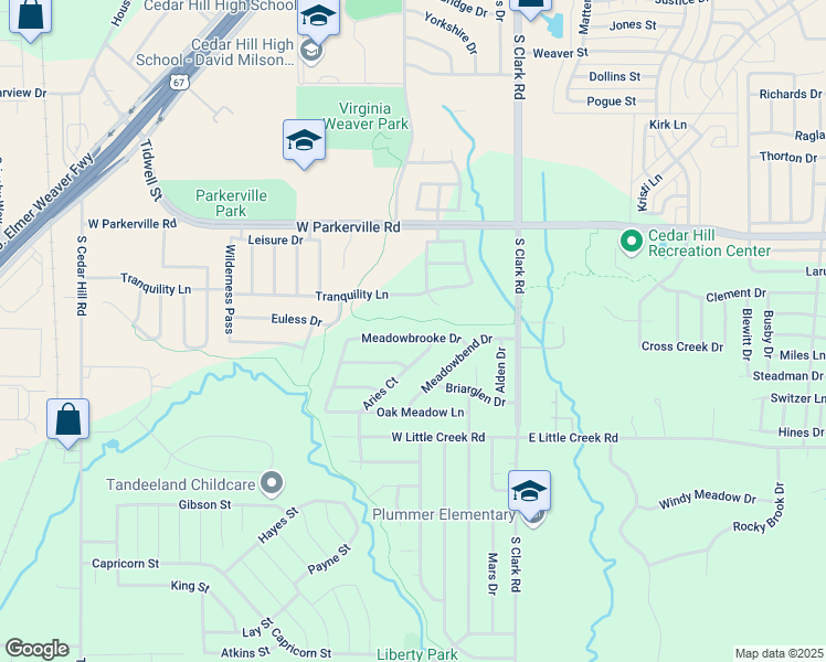 map of restaurants, bars, coffee shops, grocery stores, and more near 305 Meadowbrooke Drive in Cedar Hill