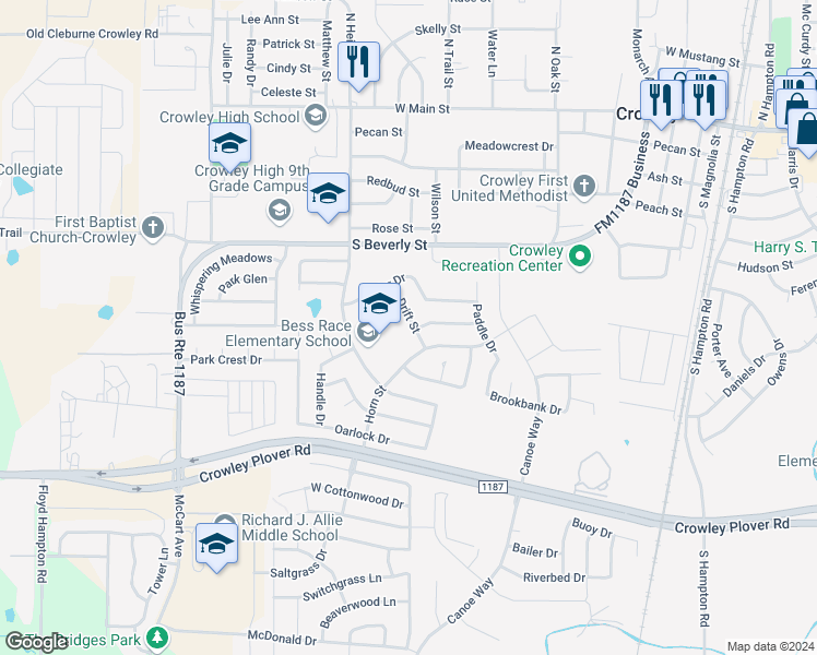 map of restaurants, bars, coffee shops, grocery stores, and more near 540 Drift Street in Crowley