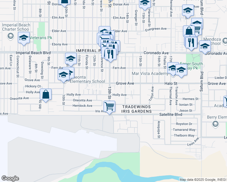 map of restaurants, bars, coffee shops, grocery stores, and more near 1363 13th Street in Imperial Beach