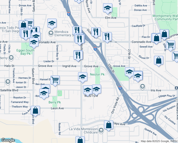 map of restaurants, bars, coffee shops, grocery stores, and more near 2371 Grove Avenue in San Diego