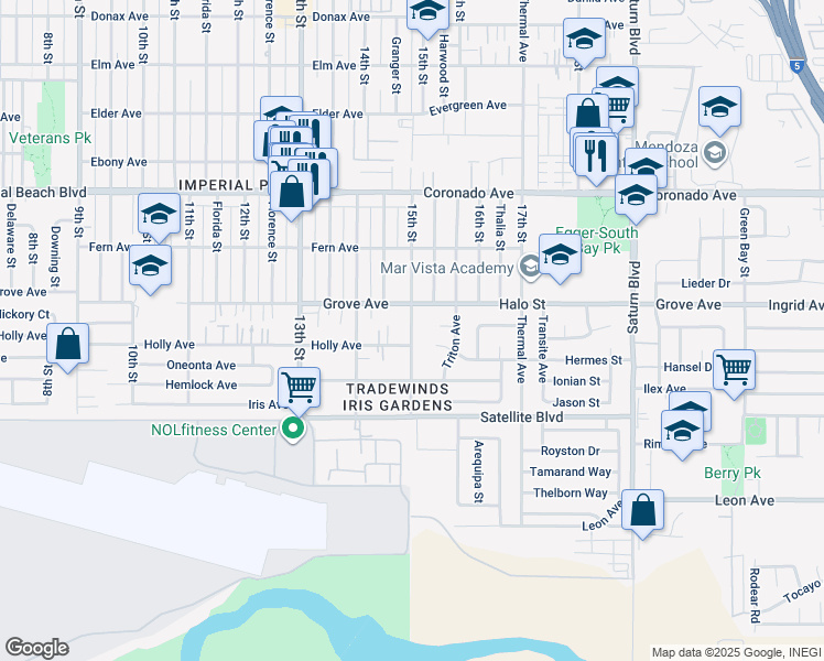 map of restaurants, bars, coffee shops, grocery stores, and more near 1471 Grove Avenue in Imperial Beach