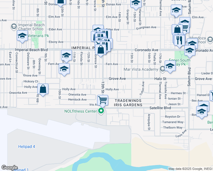 map of restaurants, bars, coffee shops, grocery stores, and more near 1343 Grove Avenue in Imperial Beach