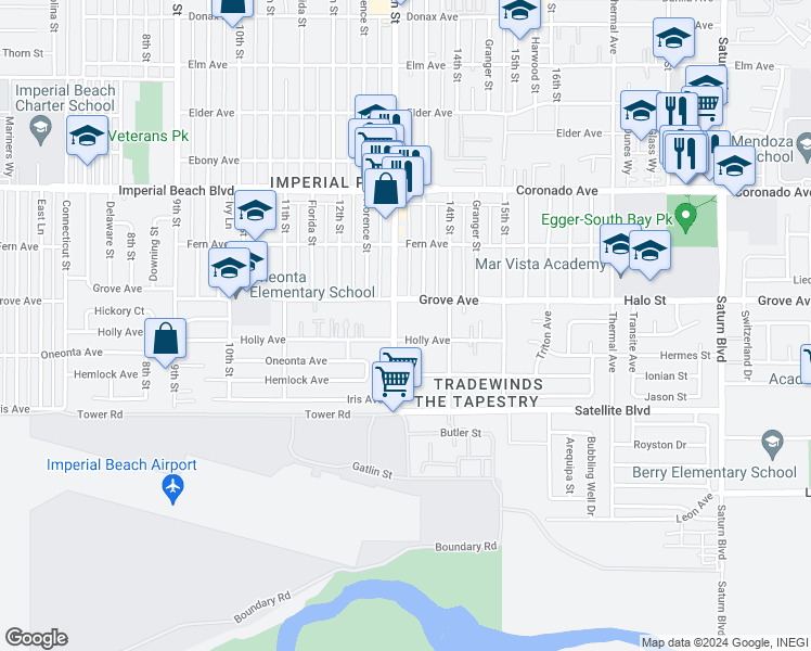 map of restaurants, bars, coffee shops, grocery stores, and more near 1343 Grove Avenue in Imperial Beach