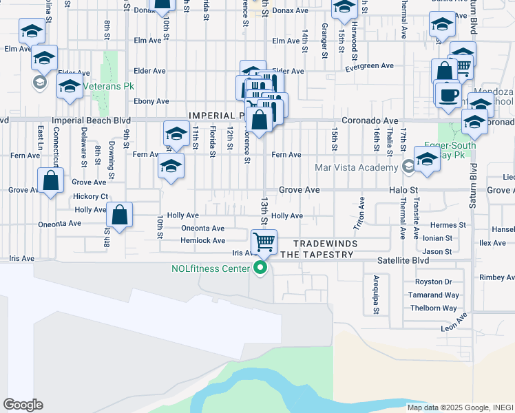 map of restaurants, bars, coffee shops, grocery stores, and more near 1267 Grove Avenue in Imperial Beach
