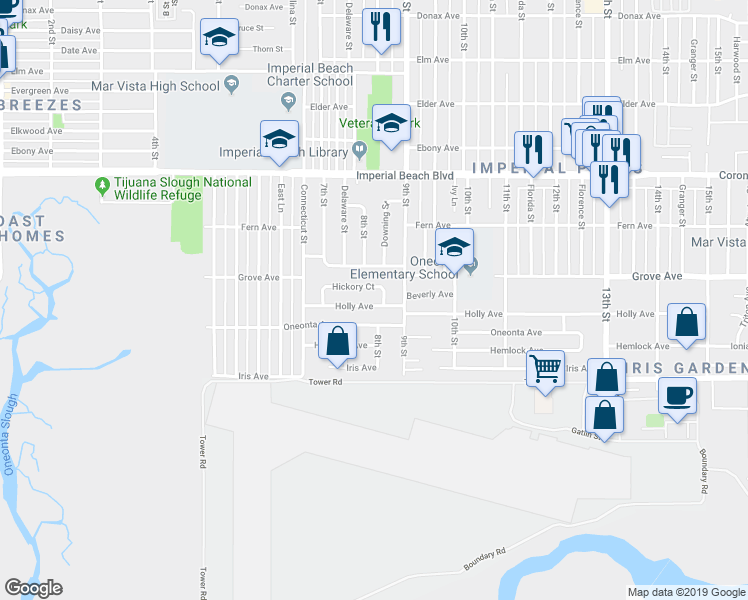 map of restaurants, bars, coffee shops, grocery stores, and more near 834 Hickory Court in Imperial Beach