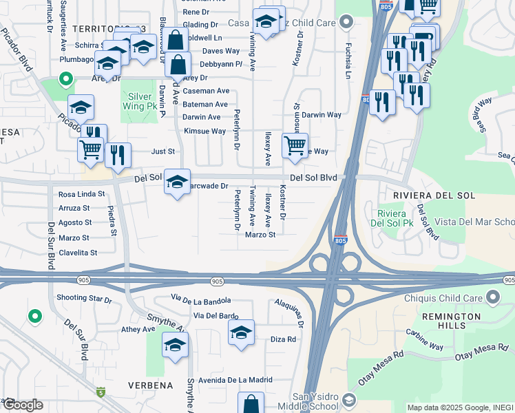 map of restaurants, bars, coffee shops, grocery stores, and more near 1377 Twining Avenue in San Diego