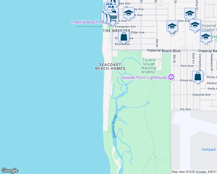 map of restaurants, bars, coffee shops, grocery stores, and more near 1344 Seacoast Drive in Imperial Beach