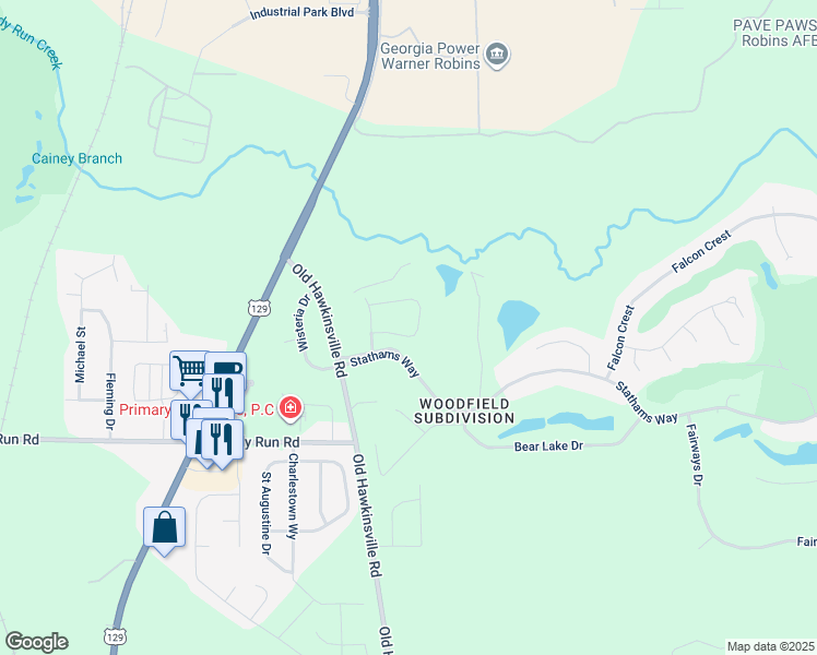 map of restaurants, bars, coffee shops, grocery stores, and more near 113 Shadowood Drive in Warner Robins