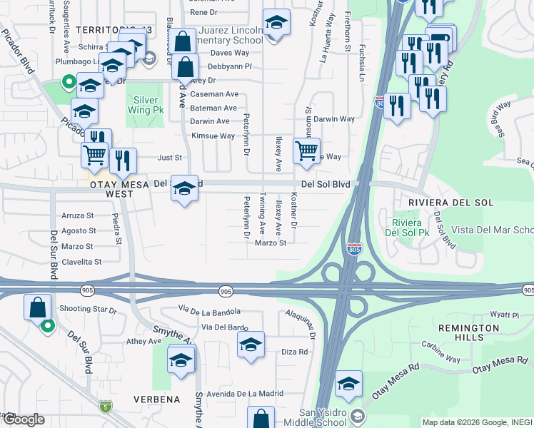 map of restaurants, bars, coffee shops, grocery stores, and more near 1377 Twining Avenue in San Diego