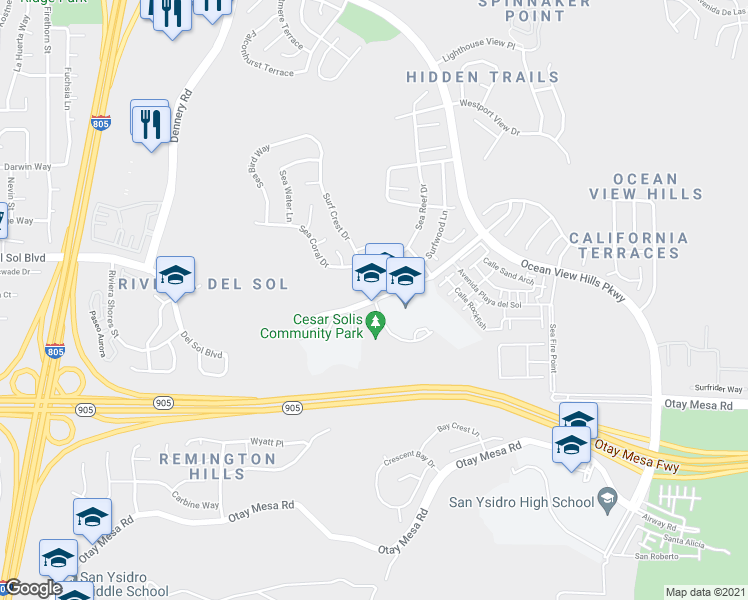 map of restaurants, bars, coffee shops, grocery stores, and more near Del Sol Boulevard & Surf Crest Drive in San Diego