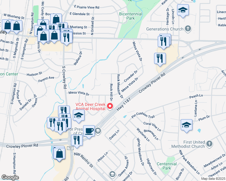 map of restaurants, bars, coffee shops, grocery stores, and more near 308 Rock Hill Drive in Crowley