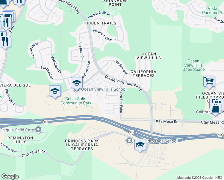 map of restaurants, bars, coffee shops, grocery stores, and more near 5502 Sandcliff Lane in San Diego