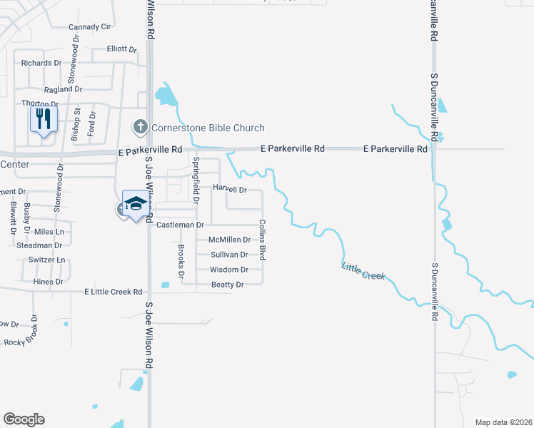 map of restaurants, bars, coffee shops, grocery stores, and more near 835 Collins Boulevard in Cedar Hill