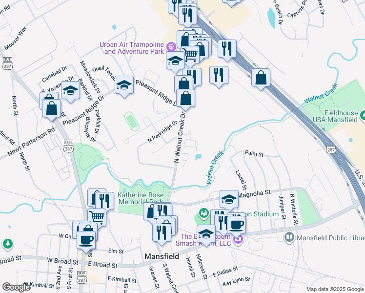 map of restaurants, bars, coffee shops, grocery stores, and more near 550 North Walnut Creek Drive in Mansfield